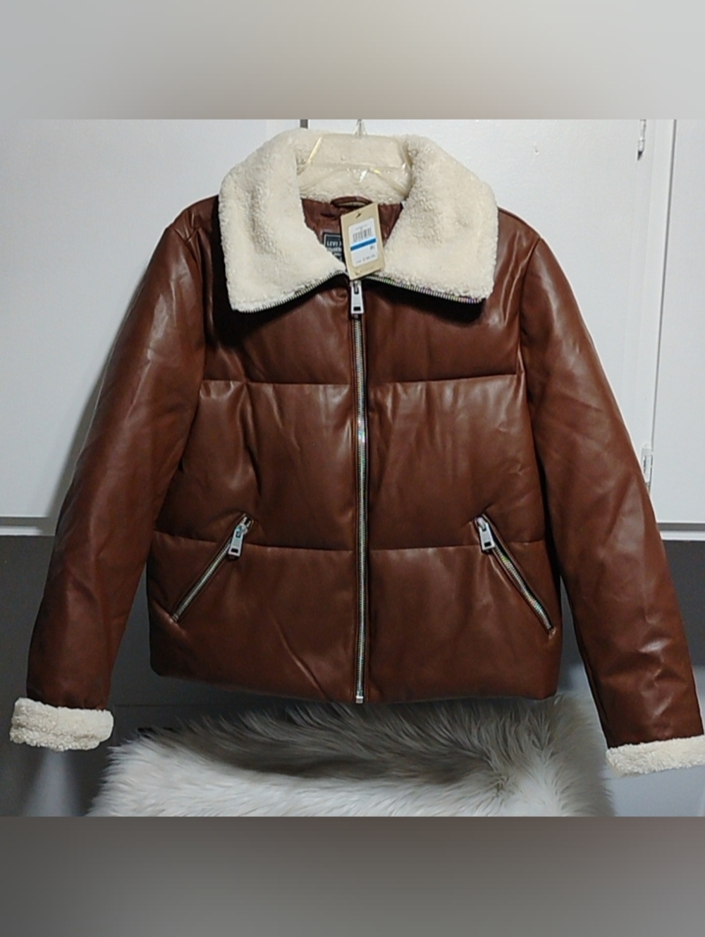 (C-19) SALE! New Levi's Brown Faux Leather Puffer Jacket W Shearling Trim XL